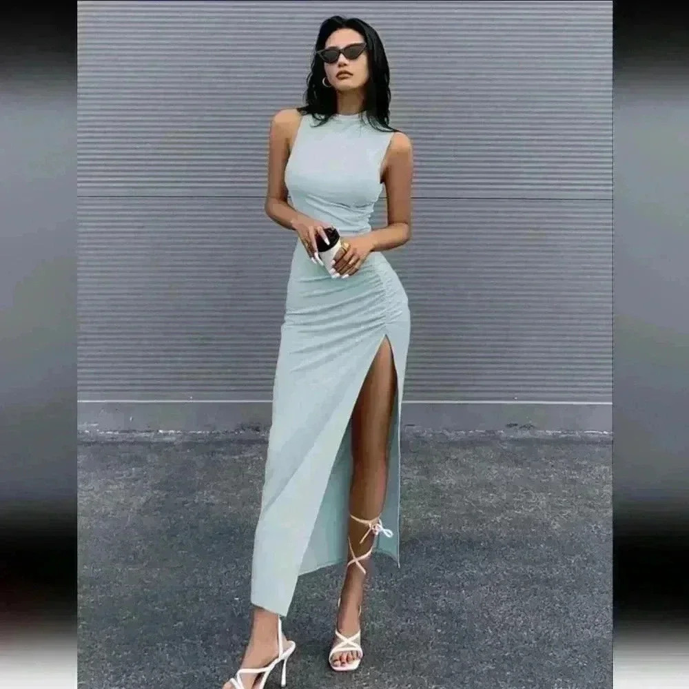 Shein Blue Solid Split Thigh Dress Size Small - Picture 3 of 5
